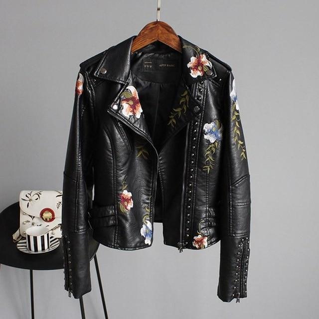 Ella | Stylish Embroidered Faux Leather Jacket