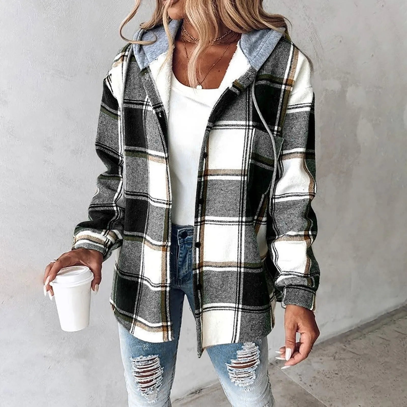 Women's Casual Plaid Hoodie Jacket